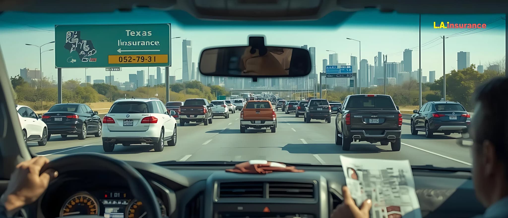 11 Reasons Why Car Insurance Is So Expensive in Texas? Driver’s view of heavy traffic on a Texas highway with a “Texas Insurance” road sign and city skyline ahead, illustrating rising car insurance costs in Texas.