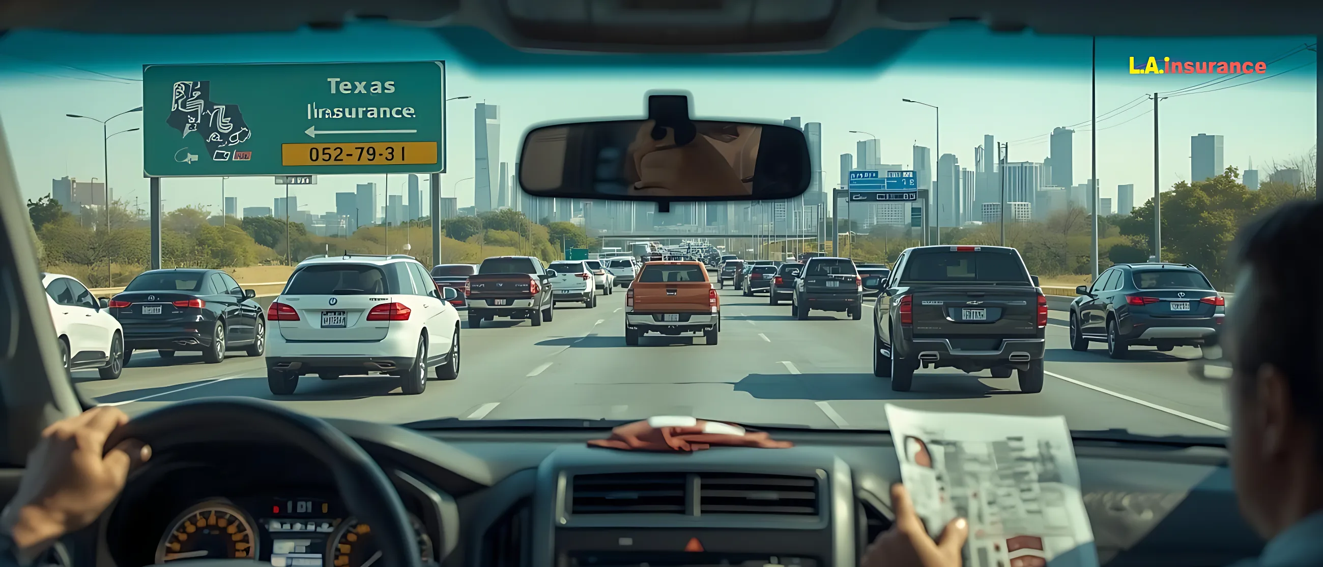 11 Reasons Why Car Insurance Is So Expensive in Texas? Driver’s view of heavy traffic on a Texas highway with a “Texas Insurance” road sign and city skyline ahead, illustrating rising car insurance costs in Texas.