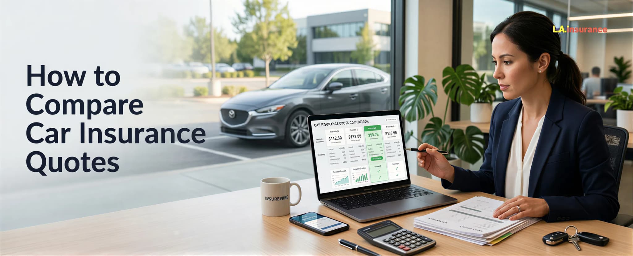 How to Compare Car Insurance Quotes Professional comparing car insurance quotes online with vehicle and insurance documents in office