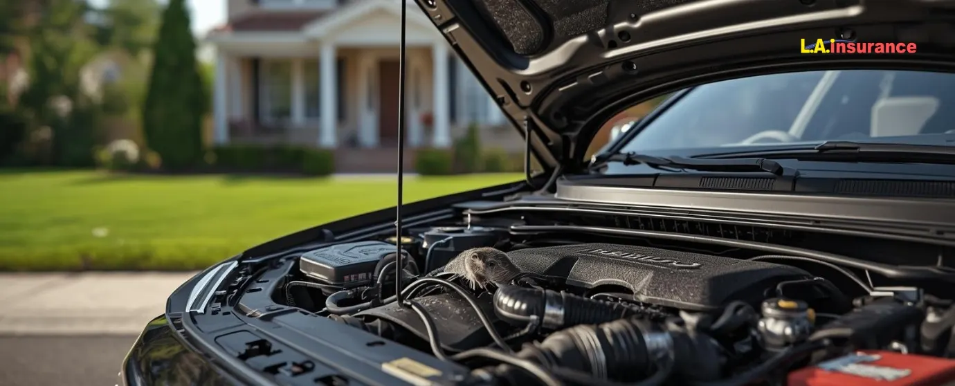 Does Car Insurance Cover Rodent Damage? Rodent inside car engine compartment showing possible damage and insurance risk