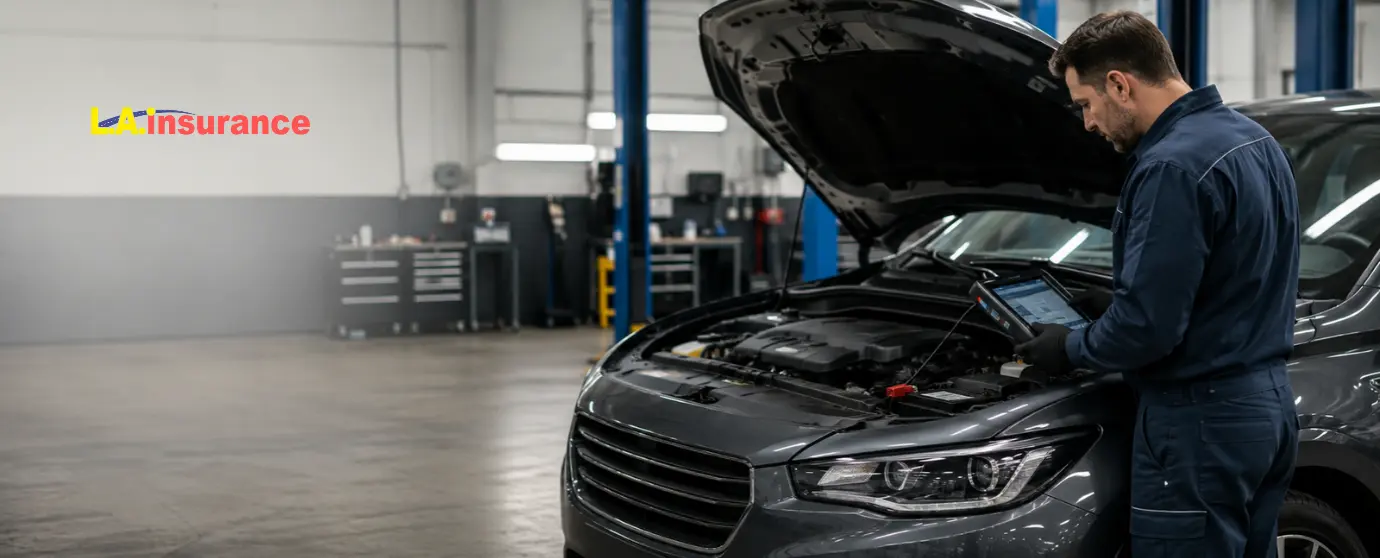 Mechanical Breakdown Insurance: What Is It, and How Does It Work? Mechanic inspecting a car engine with a diagnostic scanner for mechanical breakdown insurance