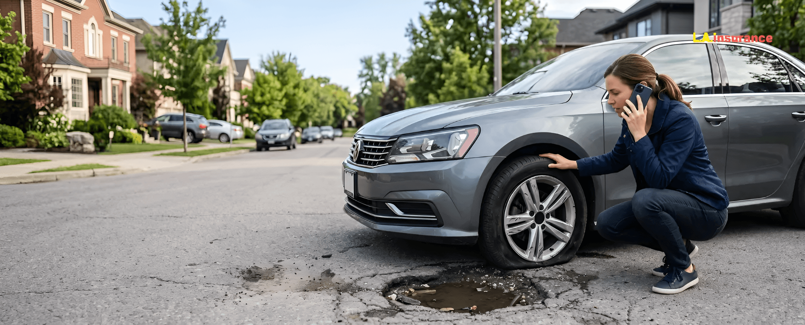Does Car Insurance Cover Pothole Damage? Woman inspecting a damaged car tire after hitting a pothole on a residential street while calling her insurance company