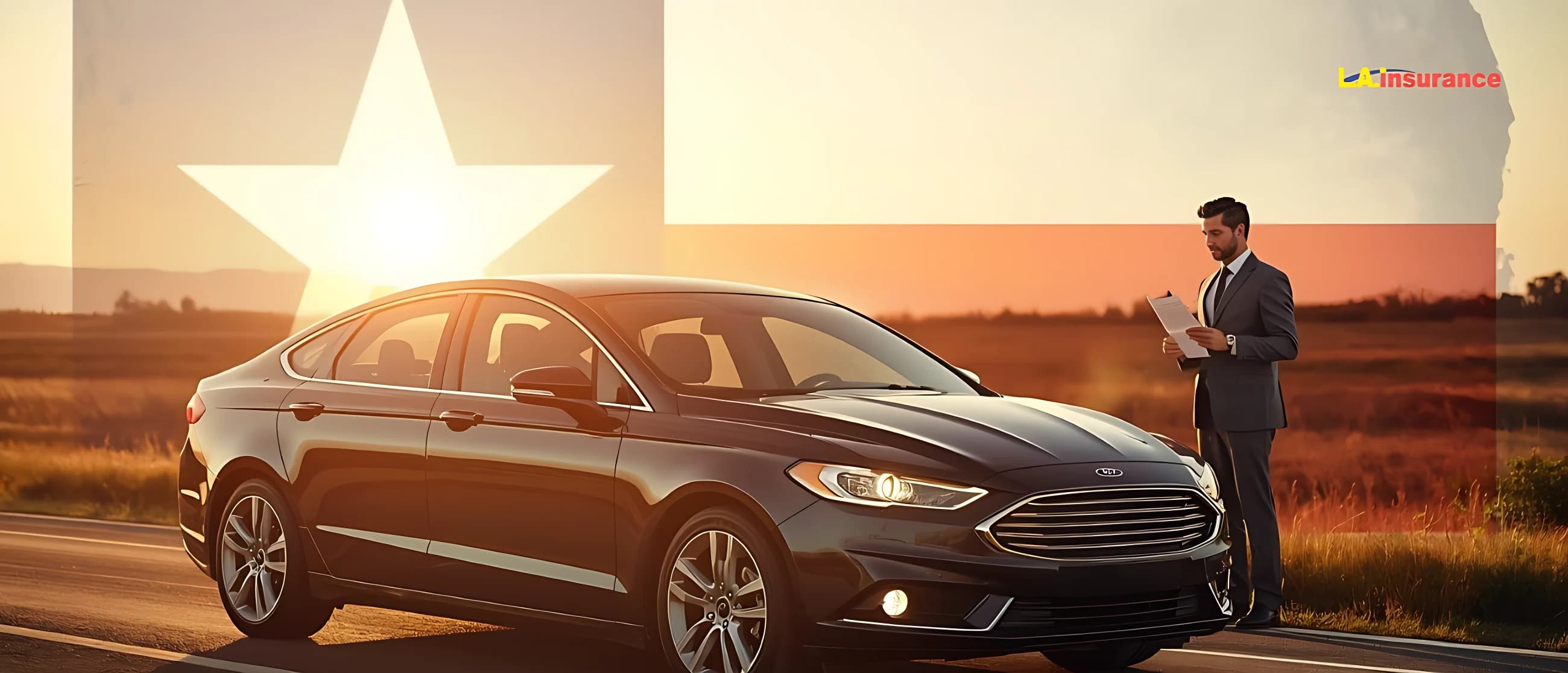 How Much Is Car Insurance in Texas? Businessman reviewing car insurance documents beside a black sedan on a Texas highway at sunset with the Texas flag in the background.