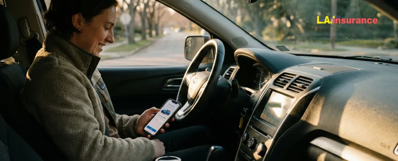 What Do You Need to Get Car Insurance? Driver using mobile app in car to check details and requirements needed to get car insurance