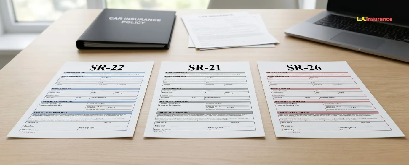 SR-22 vs. SR-21 vs. SR-26: What’s the Difference? SR-22, SR-21, and SR-26 insurance forms displayed side by side on an office desk for comparison of filing and insurance requirements