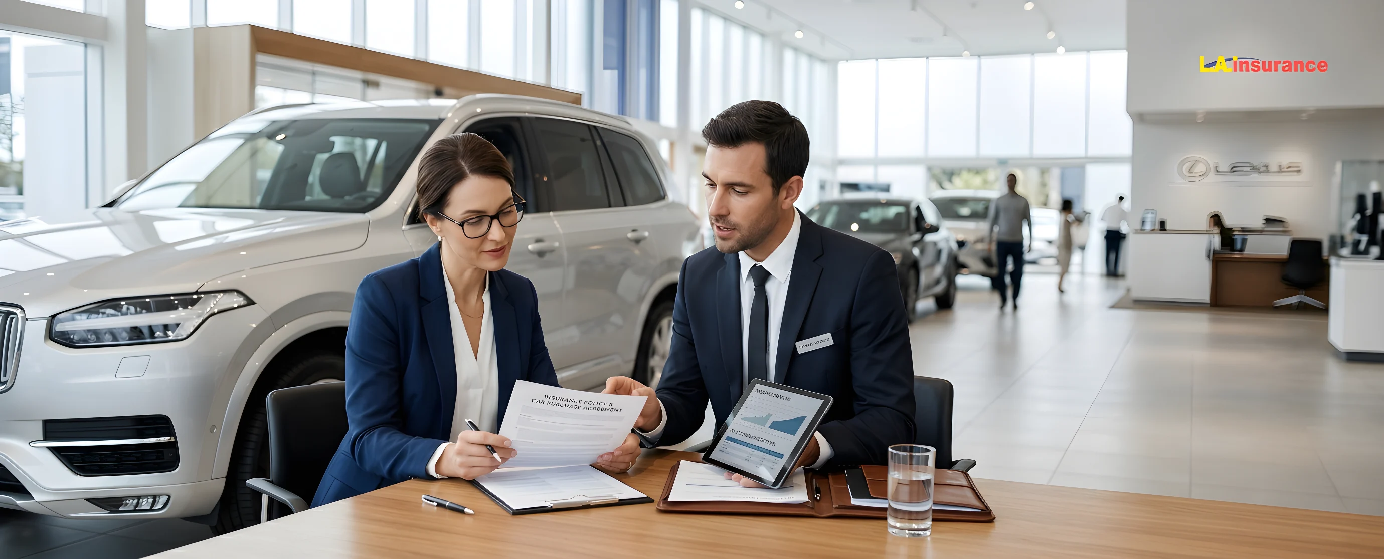 Do You Need Insurance to Buy a Car? Customer reviewing car insurance and purchase documents with dealership agent before buying a vehicle