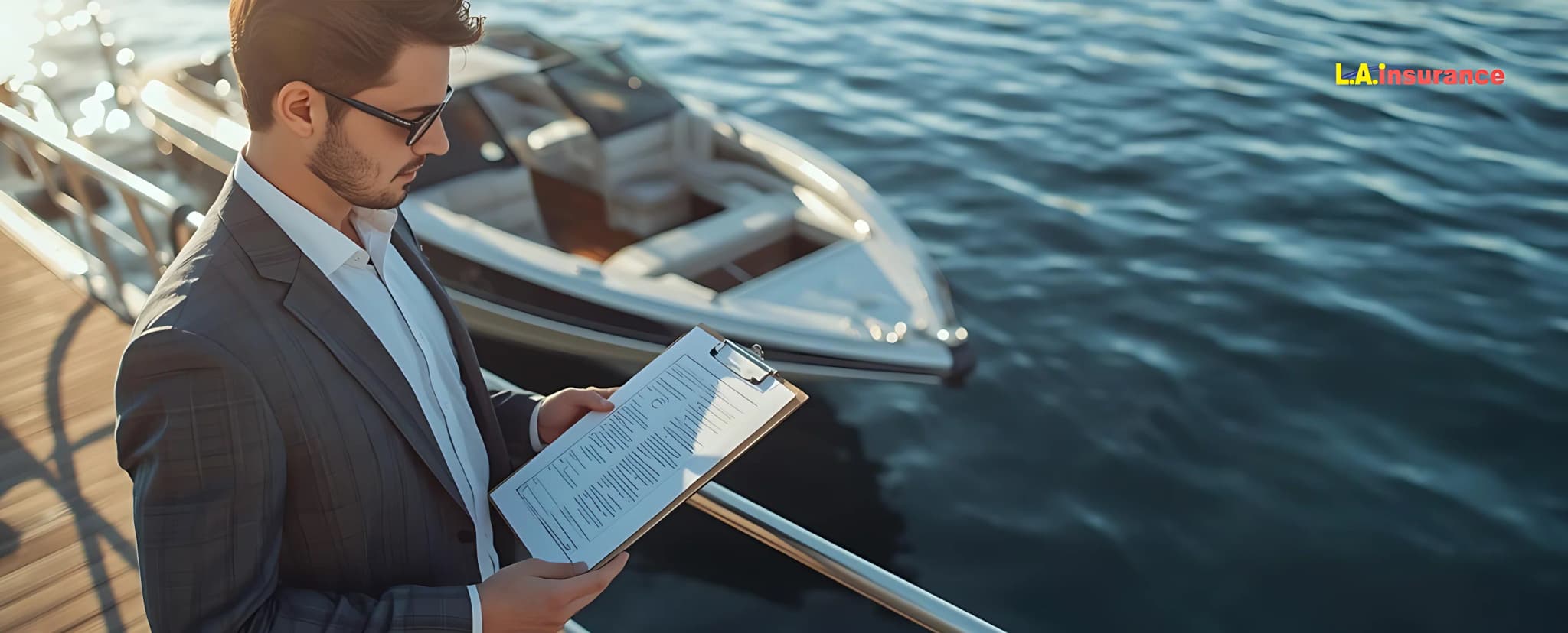 What is a Boat Title and How to Get One? Man reviewing boat ownership documents on a clipboard beside a docked motorboat, representing the process of obtaining a boat title