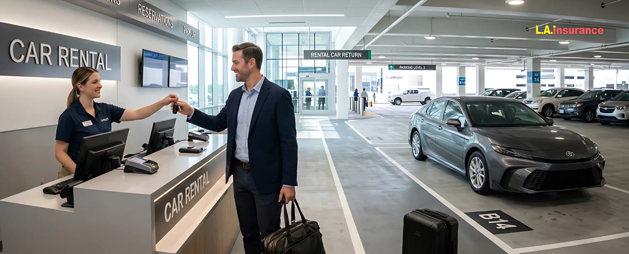 What Is Rental Car Reimbursement Coverage? Customer receiving car keys from a rental car service agent at a car rental counter inside a parking garage with rental vehicles available.