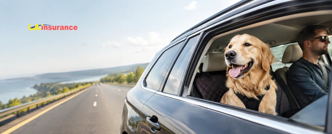 Does Auto Insurance Cover Pets in the Car Golden retriever safely secured in an SUV while traveling on a scenic road