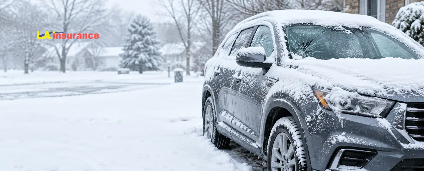 Does Car Insurance Cover Snow Damage? Snow-covered car with a cracked windshield during a winter snowstorm