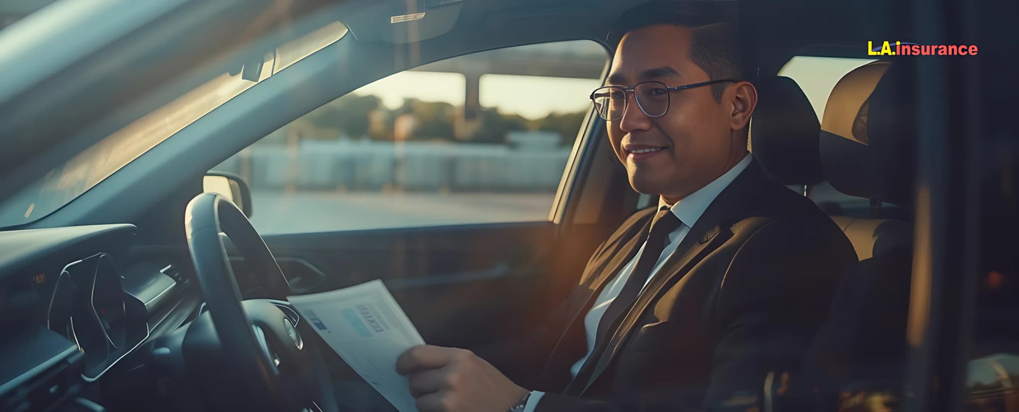 Can You Get Car Insurance Without a License in Texas? Businessman sitting in his car reviewing insurance documents, representing obtaining car insurance without a driver’s license in Texas.