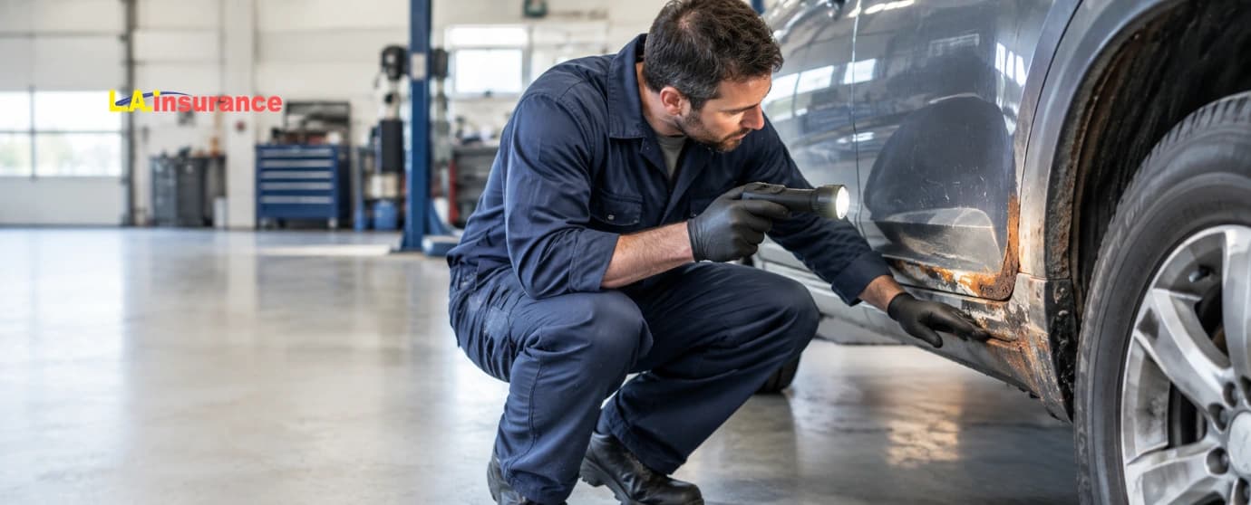 Does Car Insurance Cover Rust Damage? Mechanic inspecting rust damage on a car’s lower body panel