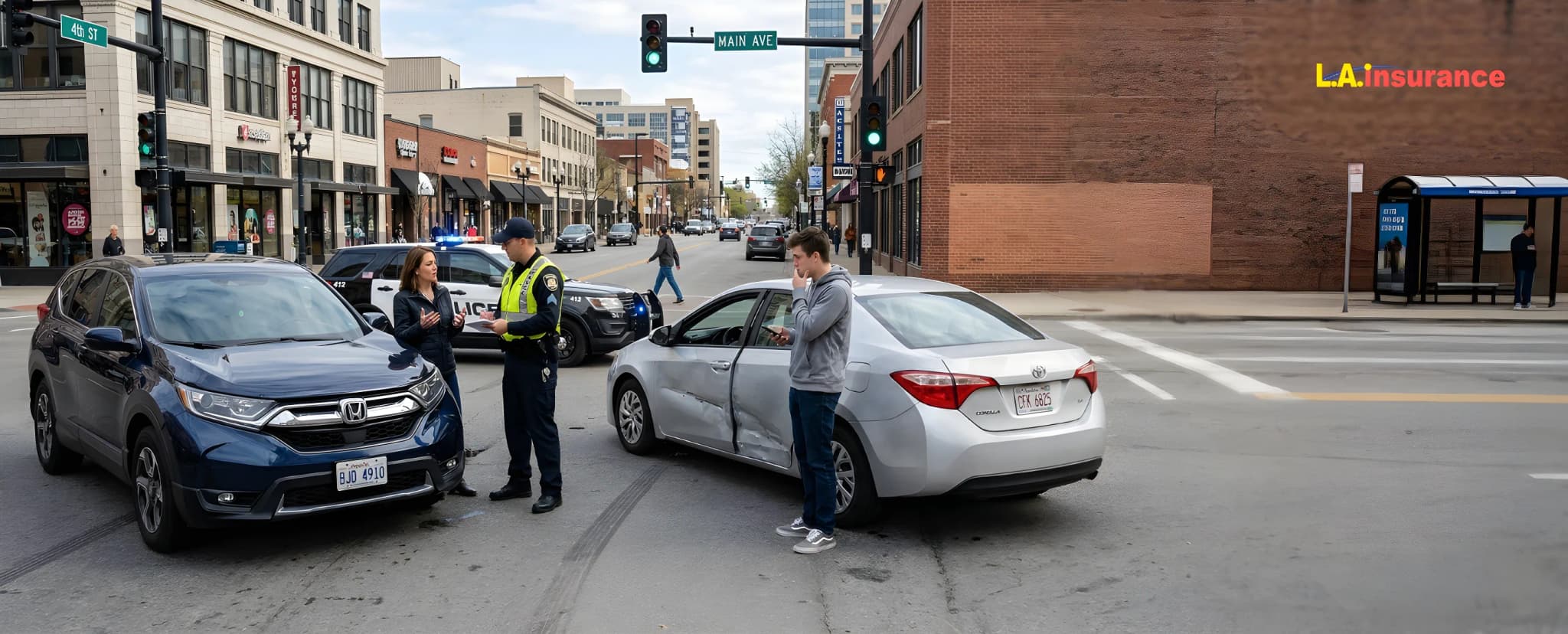 Difference Between At-Fault and No-Fault Accidents Police officer assessing a two-car accident at a city intersection while drivers discuss fault and damages