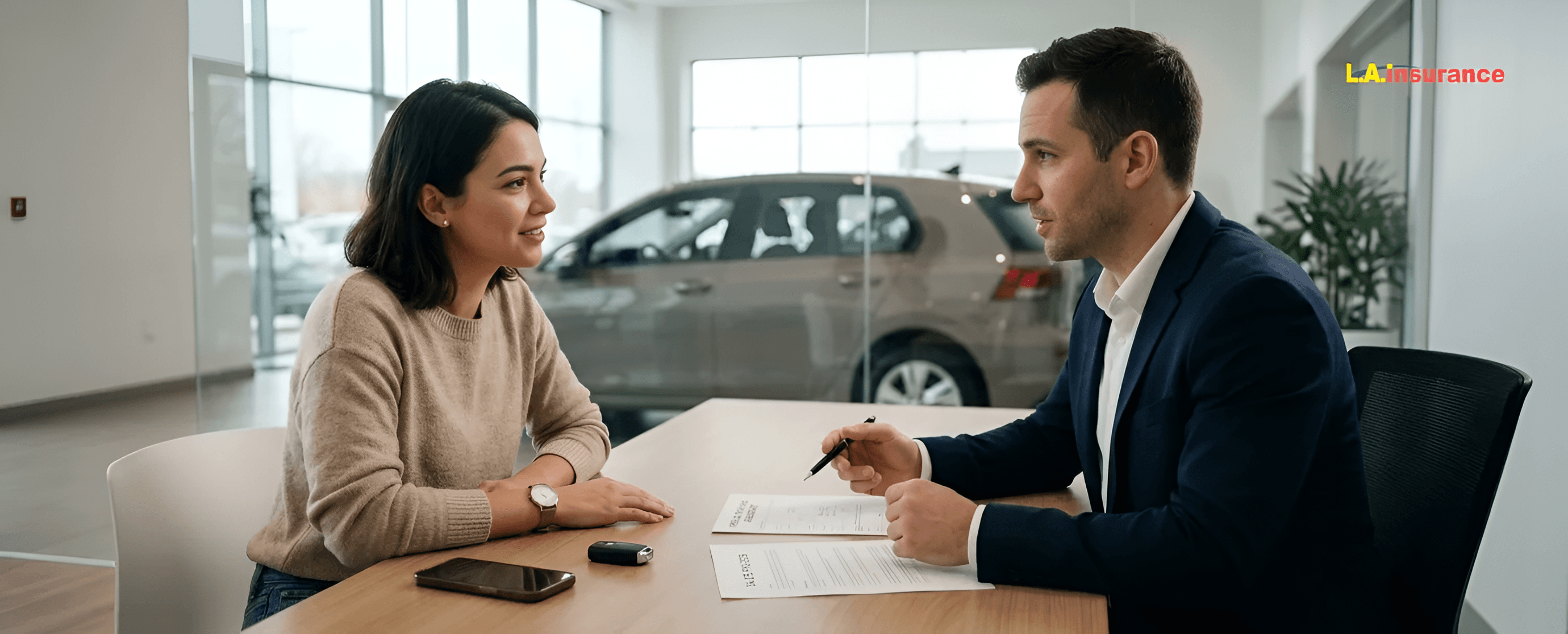 How to Get Car Insurance Before Buying a Car? Car buyer discussing insurance before buying a car at a dealership
