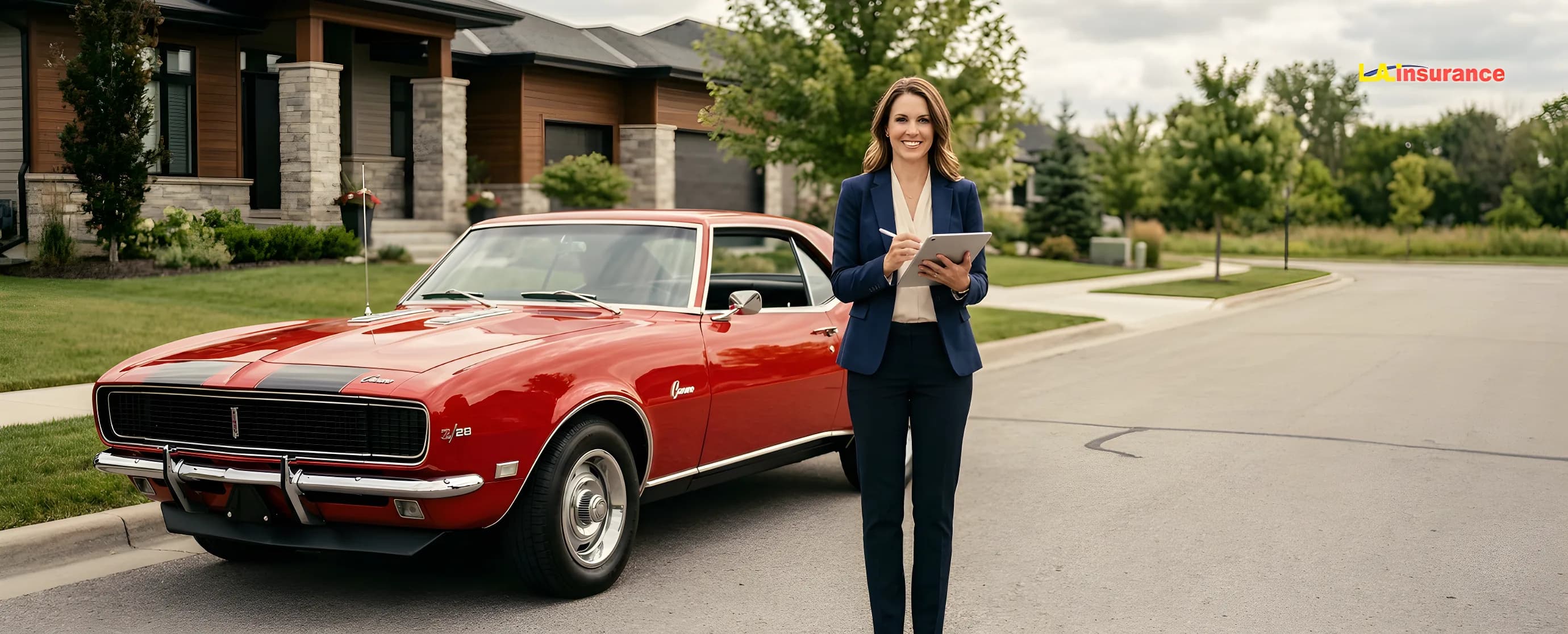 What Is Classic Car Insurance and What Does It Cover? Insurance agent inspecting a red classic muscle car parked in a suburban neighborhood for classic car insurance coverage