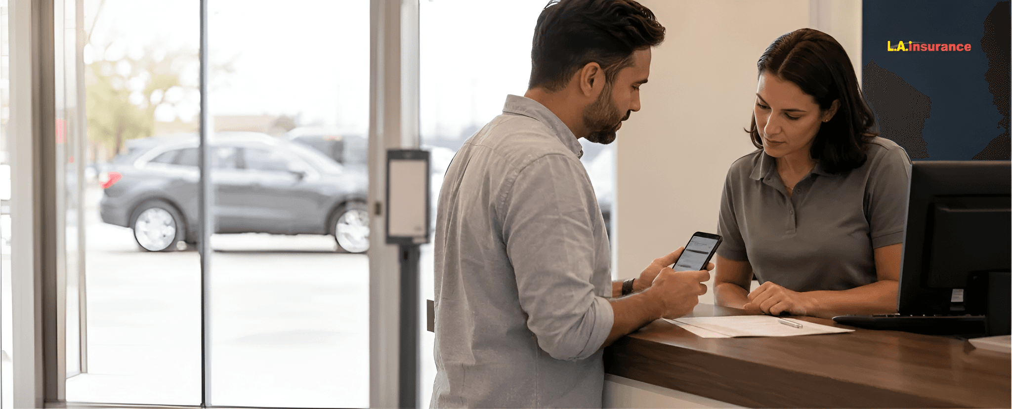 Do You Need Proof of Insurance to Rent a Car? Customer showing proof of insurance on a smartphone to an agent at a car rental counter