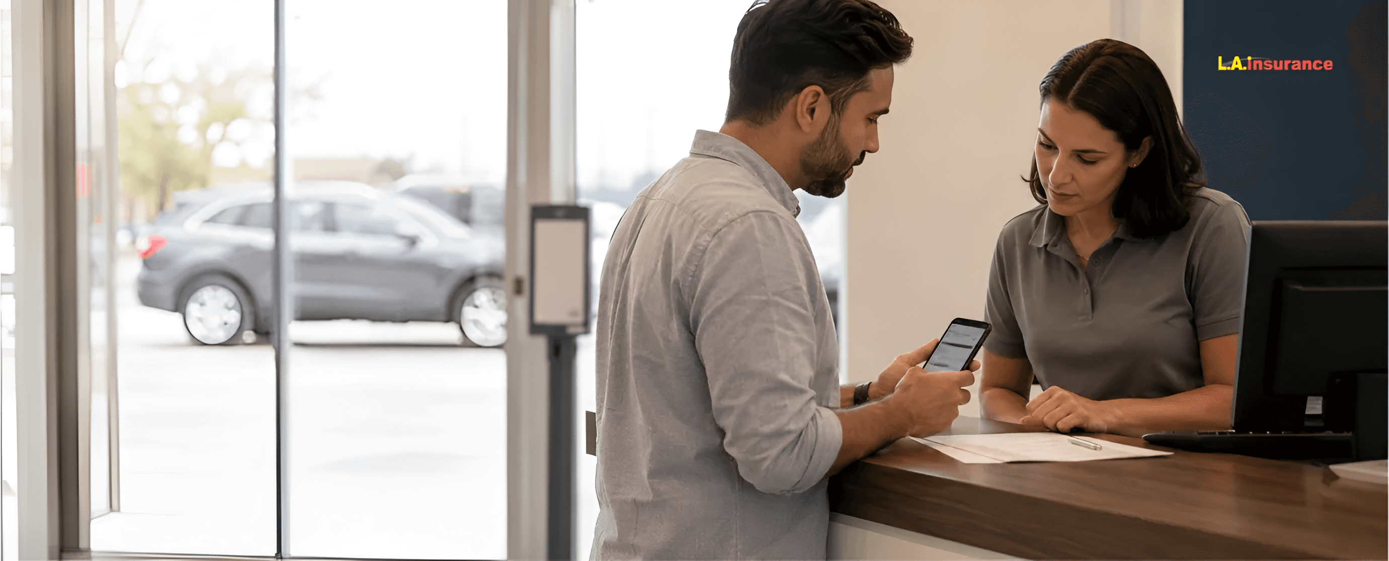 Do You Need Proof of Insurance to Rent a Car? Customer showing proof of insurance on a smartphone to an agent at a car rental counter