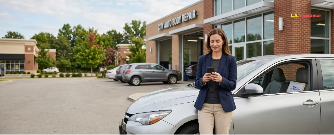 How Long Will Insurance Pay for a Rental Car After an Accident Woman using her phone beside a rental car outside an auto body repair shop while waiting for insurance coverage after an accident