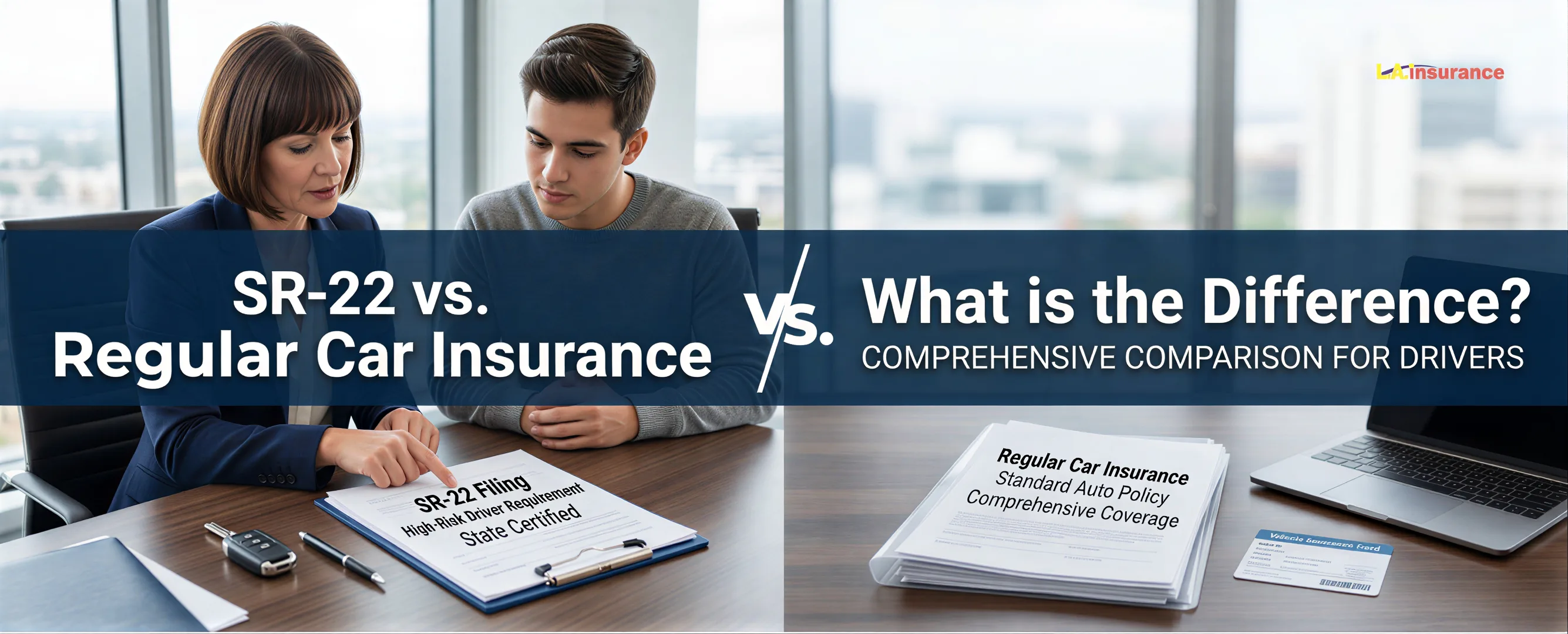 SR-22 vs. Regular Car Insurance: What is the Difference? SR-22 vs regular car insurance comparison showing an insurance agent reviewing SR-22 filing documents alongside a standard auto insurance policy.