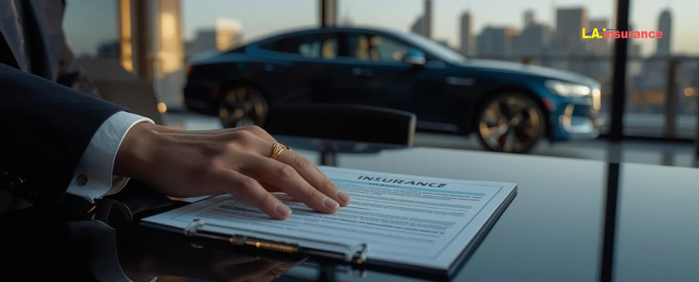 What Is the Minimum Car Insurance Required in Texas? Person reviewing a car insurance policy document on a desk with a luxury sedan visible in the background, symbolizing auto insurance coverage and legal requirements.