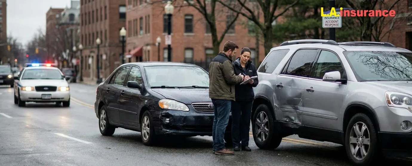 Uninsured Motorist Coverage (UM): What It Is, What It Covers, and Why You Need It Car accident involving two vehicles with police assistance, highlighting the importance of uninsured motorist coverage for financial protection.