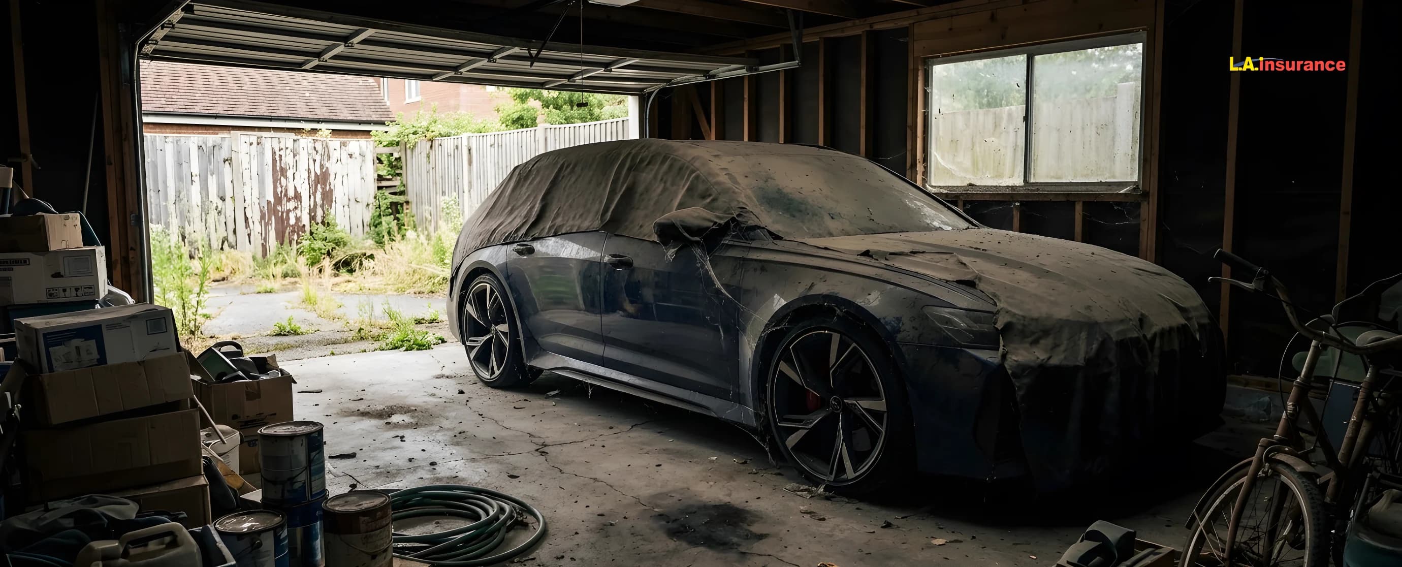 Does My Car Need Insurance If I am Not Driving It? Dust-covered car stored in a garage representing insurance coverage for a vehicle not being driven