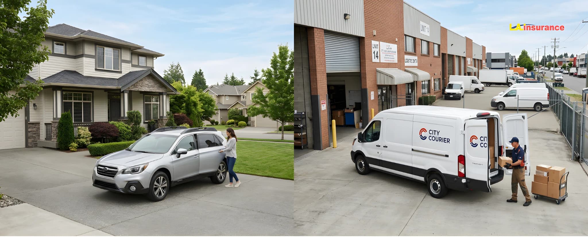 Do I Need Both Commercial and Personal Auto Insurance? Split scene showing personal car parked at a suburban home and a commercial delivery van unloading packages at a warehouse, illustrating personal vs commercial auto insurance.