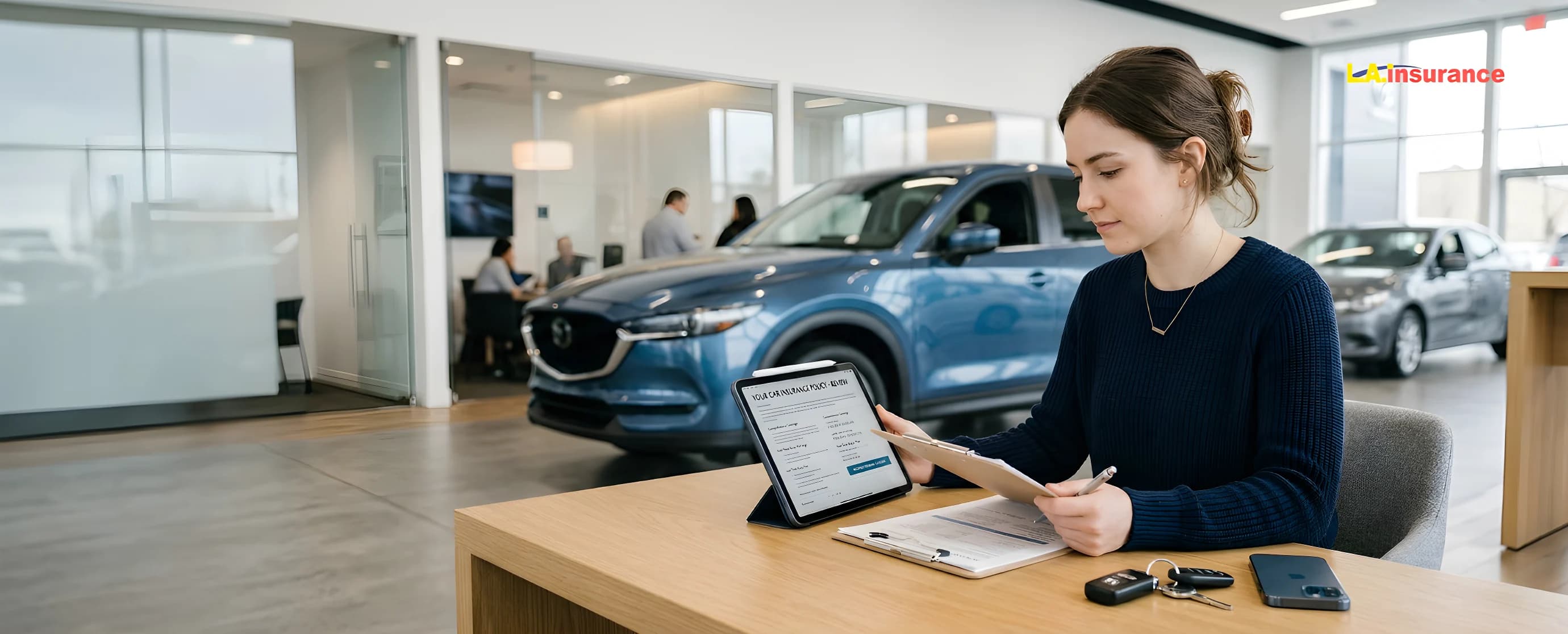 How To Get Car Insurance for the First Time First-time car buyer reviewing auto insurance quote on tablet inside dealership showroom